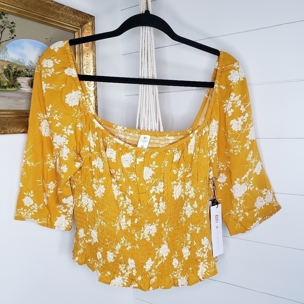 NWT BP X Claudia Sulewski Yellow Print Square Neck Smocked Top Large - Picture 2 of 6